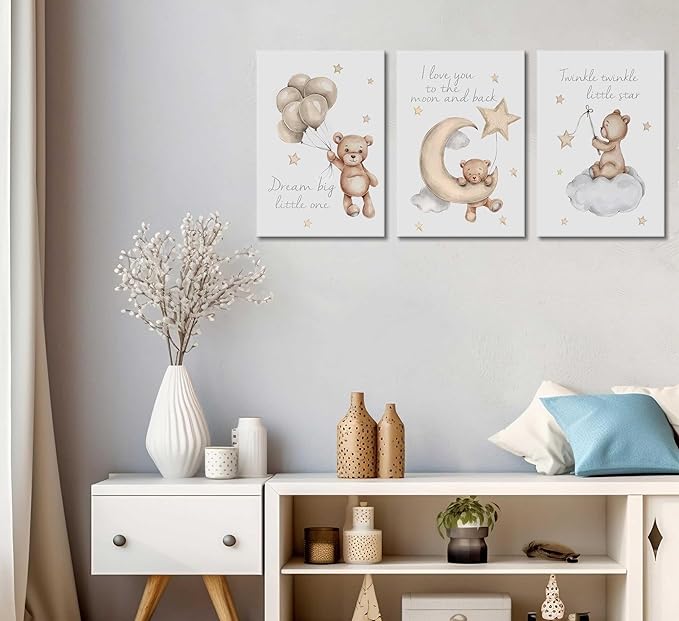3Pcs Teddy Bear Wall Art Cute Little Bears Wall Decor Slepping Teddy Bears Posters Prints Moon Star Cloud Neutral Nursery Canvas Pictures for Kid's Room or Bedroom Painting Framed