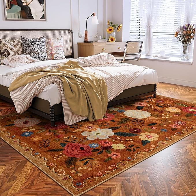 5x7 Washable Area Rug for Living Room, Floral Non-Slip Non-Shedding & Easy Care, Soft Low Pile Boho Indoor Floor Carpet for Living Room, Bedroom, Farmhouse, Dining Room, Kids Playroom, Orange