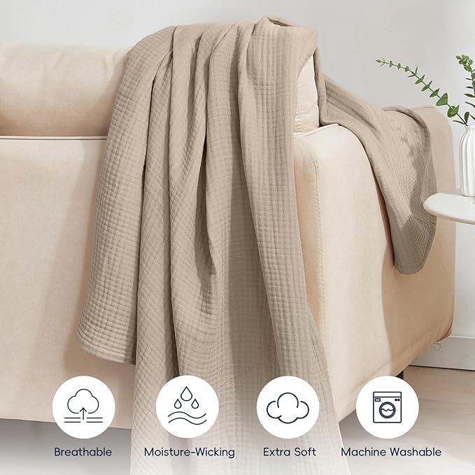 PHF 100% Cotton Muslin Throw Blanket 50" x 60", 4-Layer Lightweight Gauze Throw, Breathable Cloud-Soft Minimalist Blanket for Bed, Couch, Camping & Baby, Taupe, Ideal Gift