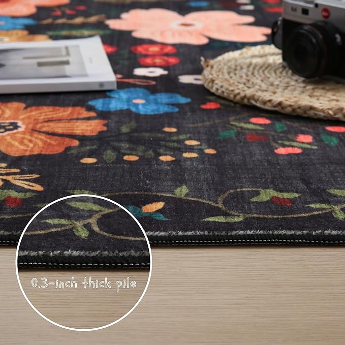 Rugcomf Runner Rug for Hallways Kitchen Rug Non Slip 2'x 6' Washable Runner Rugs with Rubber Backing Soft Floral Carpet Runner for Hallways, Kitchen, Laundry, Bedroom, Bathroom(Black)