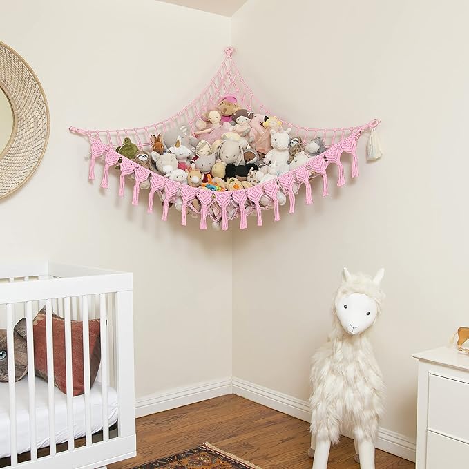 Extra Large Stuffed Animal Storage Hammock Corner with LED Lights – 25LB Capacity Hanging Toy Net for Small or Large Plushies, Boho Macrame Squishmallow, Plush Net, Pink
