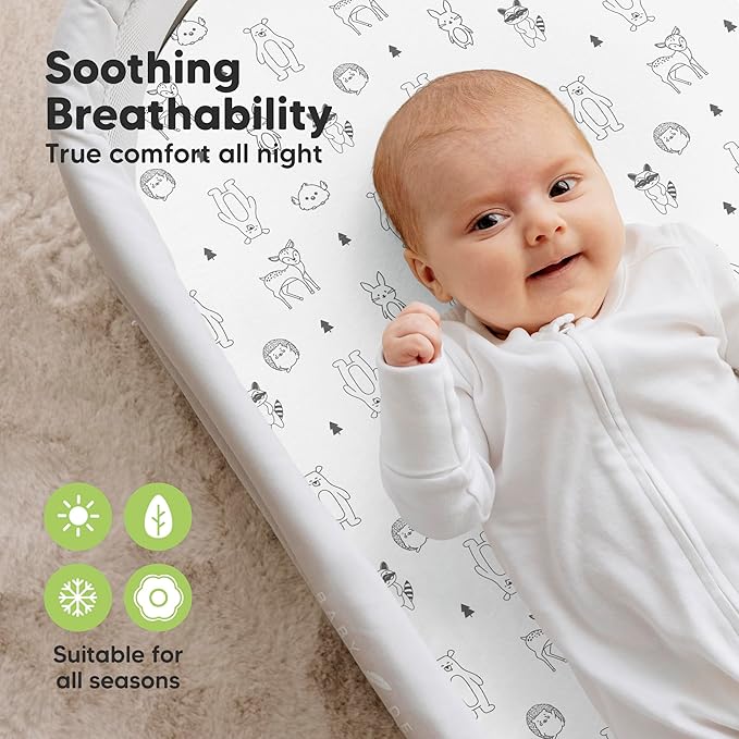 2-Pack Organic Bassinet Sheets for Girls, Boys - 100% Cotton Bassinet Mattress Sheets Compatible with Halo Bassinest Swivel Sleeper, Graco, Baby Delight, Chicco, Fitted Bassinet Sheets (Woodland)