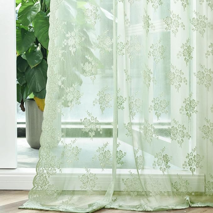 Kotile Sage Green Sheer Curtains 54 Inch Length 2 Panels, Country Rustic Floral Spring Curtains for Bedroom, Rod Pocket Privacy Green Sheer Lace Curtains, 42 x 54 Inch, 1 Pair, Sage Green