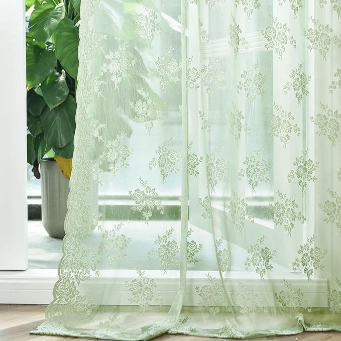 Kotile Sage Green Sheer Curtains 63 Inch Length 2 Panels, Knitted Rustic Floral Pattern Rod Pocket Lace Spring Sheer Curtains for Bedroom, Privacy Scalloped Lace Sage Curtain, 52 x 63 Inch