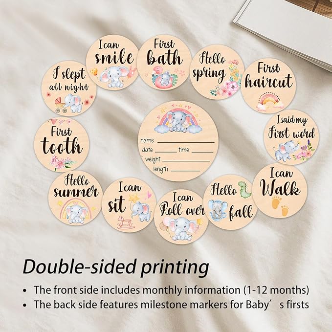 Baby Monthly Milestone Cards Signs - 13 Double Sided Little Elephant Milestone Cards, "Hello" Wooden Circles Discs for Photo Props Elephant Newborn Announcement Marker, Baby Shower Newborn Sign Gift