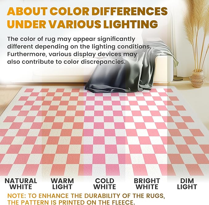 Washable Checkered Rug, 4x6 Pink Checkerboard Modern Boho Foldable Large Area Rugs for Living Room, Low Pile Ultra-Thin Non-Slip Indoor Doormat Carpet for Home Office Bedroom Playroom Kitchen