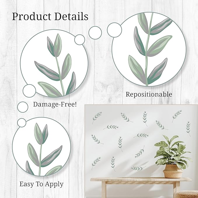 Decalcomania Greenery Leaves Wall Decals - Set of 18 Large Green Leaf Wall Stickers for Kitchen Bedroom Living Room Laundry Bathroom Decor Removable Peel and Stick Indoor Wall Decor