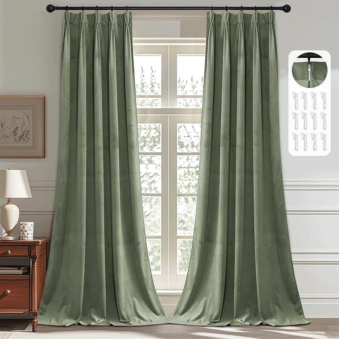 StangH Pinch Pleated Velvet Curtains for Living Room, Sage Green Room Darkening Plush Window Curtains Vertical Insulating Energy Floor to Ceiling Drapes for Sliding Door, W38 x L108, 2 Panels