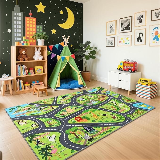 Zoo Adventure Kids Rug, Cute Animal Play Mat with Non-Slip Backing, Kids Carpet with Lions, Tigers & Giraffes for Educational and Fun Playtime, 60"x36"