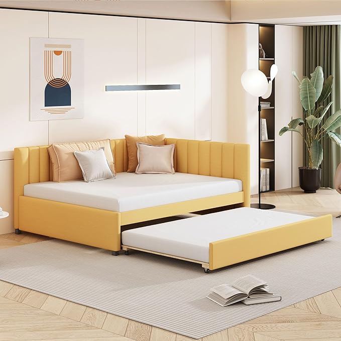 Harper & Bright Designs Full Size Upholstered Daybed with Trundle Sofa Bed Frame for Boys Girls Kids Adults Toddler No Box Spring Needed, Linen Fabric(Yellow)