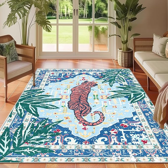 8x10 Washable Non-Slip Blue Tiger Rug for Living Room Bedroom Dining Room Vintage Neutral Tropical Animal Cheetah Print Jungle Rug Soft Cozy Whimsical Woodland Large Carpet for Boys Room Playroom
