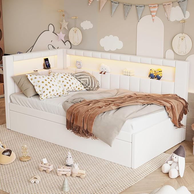 Twin Size Soft Daybed with Trundle, Storage Shelves and LED Belt, Linen Upholstered Corner Bed with L-Shaped Bookshelf Headboard and USB Charger for Kids Boys Girls, White