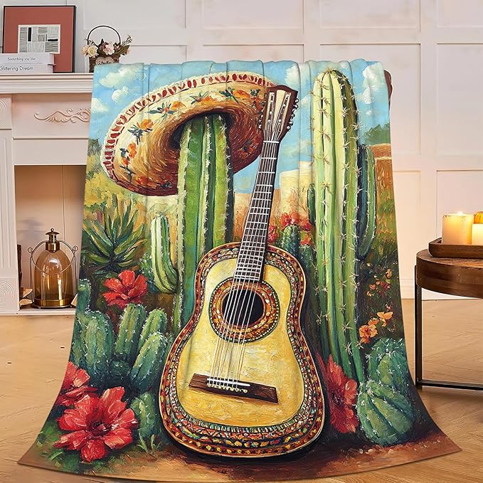 Mexican Blanket Cactus Guitar Decor Throw Blanket Super Soft Flannel Lightweight Fluffy Plush Cozy Fuzzy Fleece Cowboy Western Gifts Blanket for Kids Boys Adults Man for Bed Sofa 40"X50"