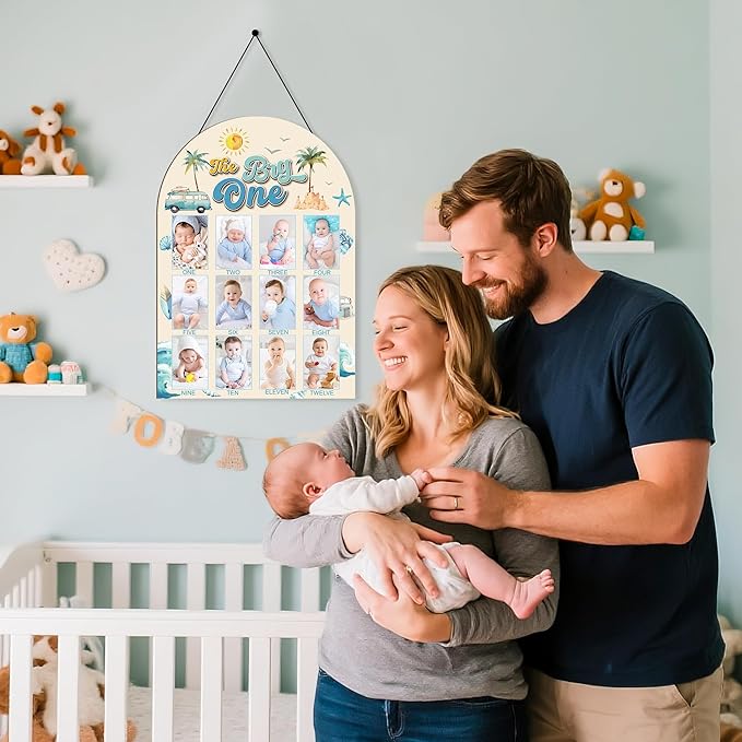 R HORSE My First Year Photo Display Wood Board - Baby’s First Year Picture Frame, 12 Months Milestone Board, 3D Summer Beach Neutral Baby Keepsake Gift One Year Old Birthday Nursery Decor for Girl Boy