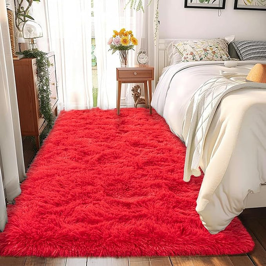 2x6 Fluffy Area Rug - Soft Shag Runner Rug for Bedroom - Non Slip Runner Living Room Rug Plush Carpet Runner Red