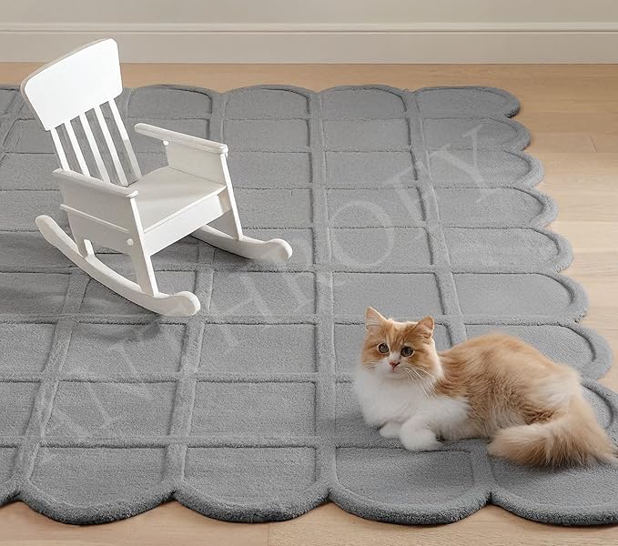 Selena Scallop Area Rug – 9’ x 12' – Handmade Wool Area Rugs – Dark Grey – Rugs for Living Room, Bedroom – Anti-Skid – Carpets with Non-Slip Natural Backing with 100% Cotton