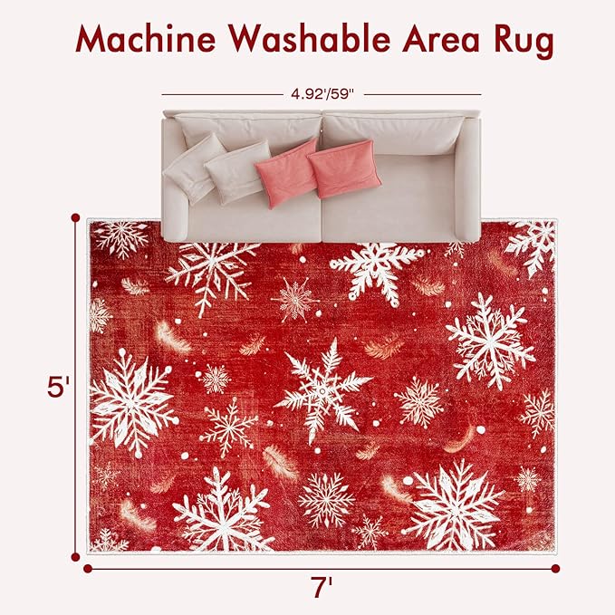 5x7 Machine Washable Christmas Area Rug, Non-Slip Floor Rugs for Kids, Low Pile Room Carpet for Living Room, Bedroom, Dining Room & Nursery(5x7 Snowflake)
