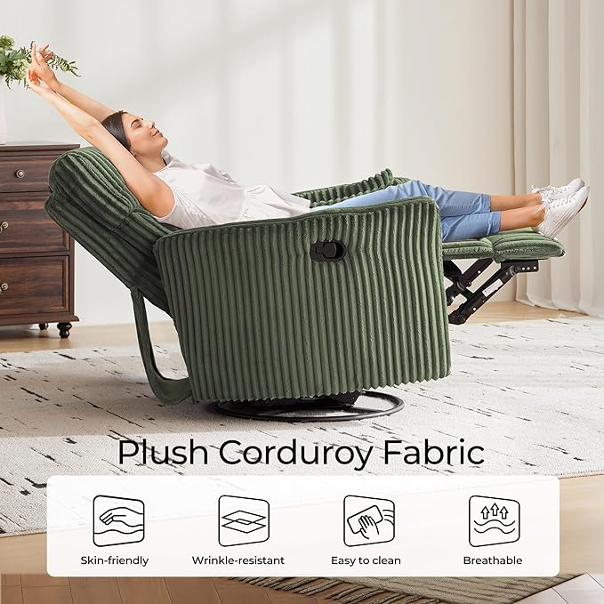 LINSY HOME 360 Swivel Nursery Rocking Chair with 2 Pillows, Corduroy High Back Adult Recliner for Small Spaces, Nursery Glider Rocker Chair, Bedroom Living Room Reclining Chairs (Green)