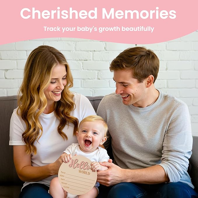 Baby Announcement Sign with Pen, 5.9 Inch Wooden Hello World Newborn Sign for Hospital, 3D Birth Announcement Board, Welcome Baby Name Signs for Nursery, Newborn Gift for Boy & Girl,Pink