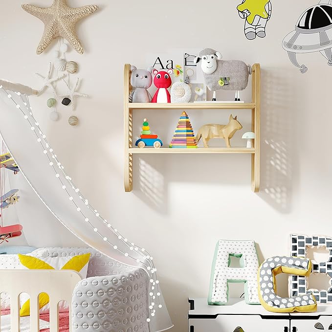 2-Tier Natural Rattan Wall Shelf, Cute Hanging Book Shelves Storage, Decorative Natural Display Shelves, Boho Floating Shelf for Nursery, Bedroom, Living Room