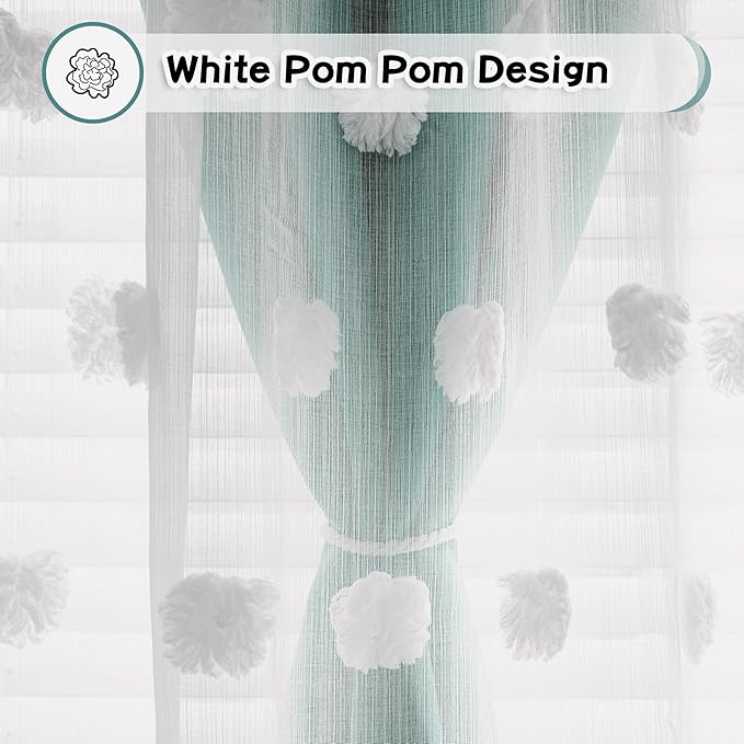 MYSKY HOME 90 Inches Long Teal Curtains for Living Room Nursery Curtains for Bedroom Double Layer Curtains White Pom Pom Sheer Curtains for Dining Room Grommet Room Darkening Window Panels W52 X L90