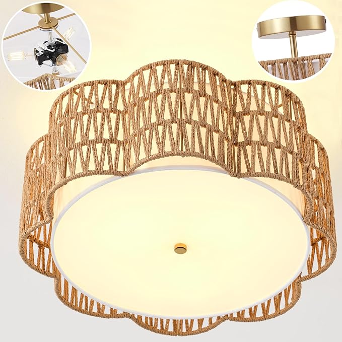17.7" Rattan Ceiling Light Flush Mount, 3-Light Boho Close to Ceiling Light Fixtures, Rattan Bedroom Ceiling Light Farmhouse Large Drum Chandelier for Dining Room Kitchen Hallway(3-Tier Yellow)