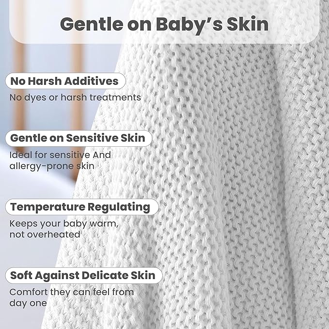 100% Organic Cotton Baby Knitted Blanket with Gift Box - Soft Toddler, Crib, Stroller Blanket - Neutral Swaddle and Receiving Blanket for Newborns, 30"x40", White