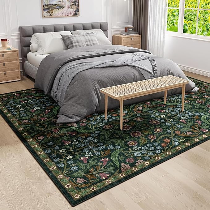 8x10 Washable Area Rug for Living Room, Floral Non-Slip Non-Shedding & Easy Care, Large Soft Low Pile Botanical Indoor Floor Carpet for Living Room, Bedroom, Dining Room, Nursery, Green