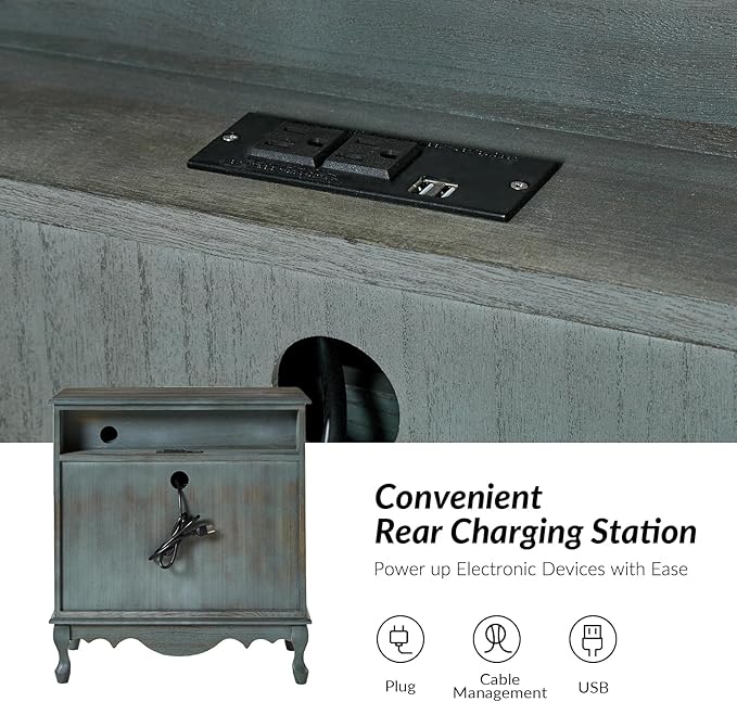 HULALA HOME 3-Drawer Nightstand with Charging Station, Drawer Organizer with Wood Legs, Farmhouse Solid Wood Nightstand(Blue)