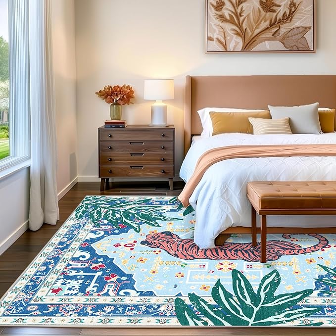 Area Rug 4x6 Tiger Rug Washable Non-Slip Blue Boho Vintage Whimsical Animal Cheetah Print Jungle Rug for Bedroom Boys Room Hallway Soft Cozy Fun Tropical Woodland Carpet for Playroom Laundry Room