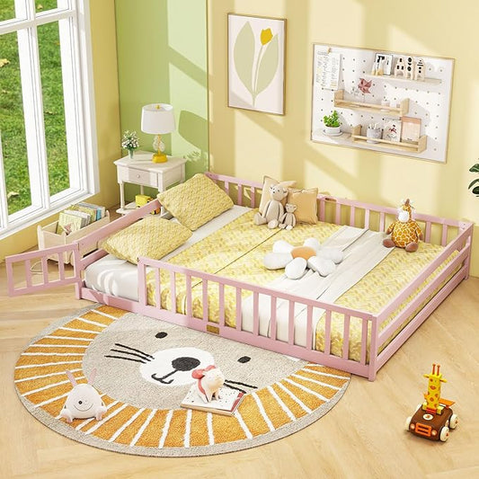 Giantex Queen Floor Bed with Door & Fence, Kids Wood Montessori Beds with Safety Guardrails, Floor Bed Twin for Kids, Boys, Girls, No Box Spring Needed, Pink