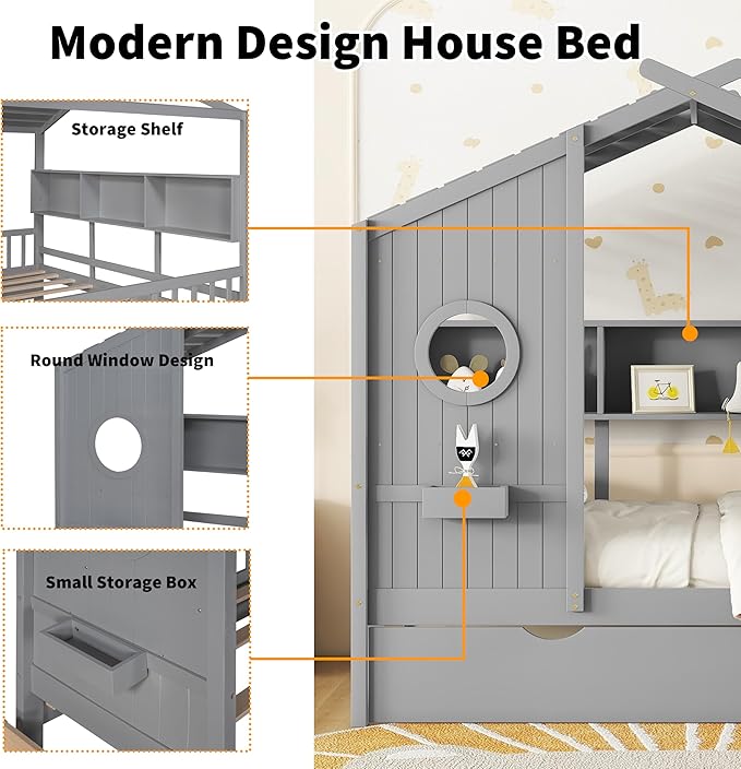 Linique Wooden Twin Size House Bed with Trundle and Storage Shelf,Modern Design Twin Platform Bed Frame with Pitched Roof(Gray)