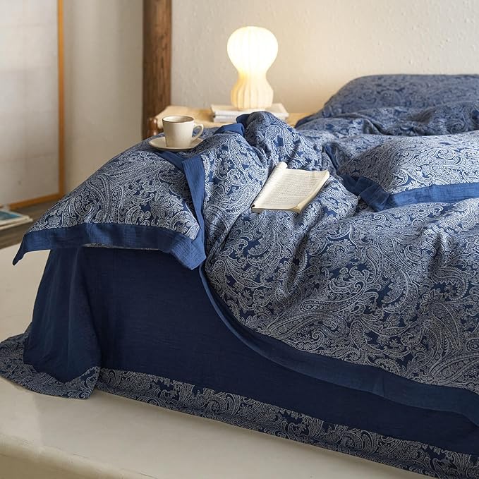 Full Duvet Cover Vintage Blue Floral Duvet Cover Boho Paisley Bedding Set Linen Cotton Yarn-Dyed Textured Duvet Cover with Zipper Closure Reversible Paisley Flower Comforter Cover with 2 Pillowcases