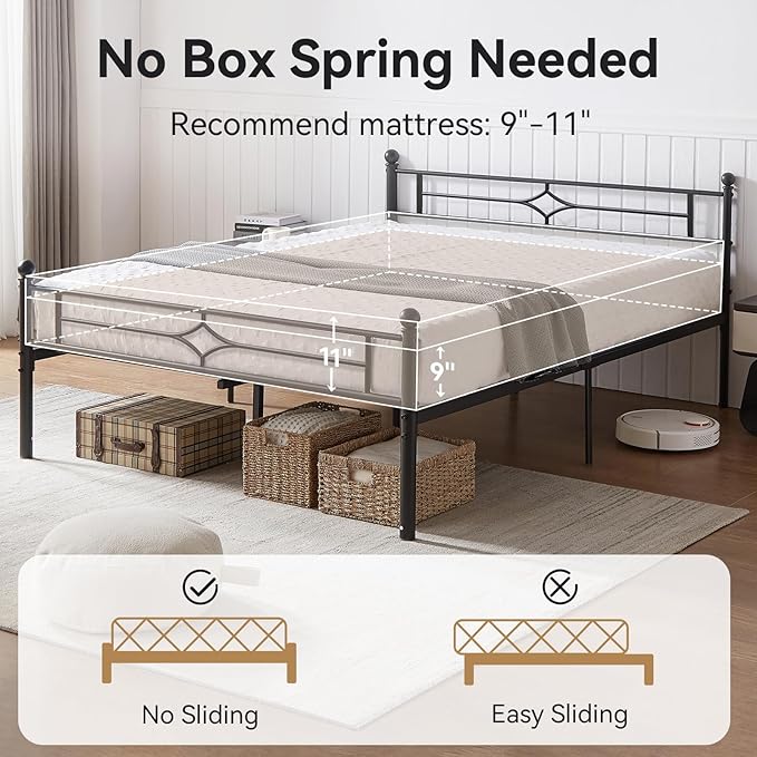 BedsPick Queen Size Metal Bed Frame with Headboard and Footboard, Platform Bed Frame with Premium Steel Slats Support/12.5'' Under Bed Storage Space/No Box Spring Needed/Noise Free/Easy Assembly/Black