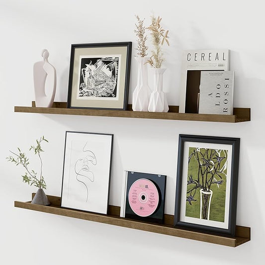 Fun Memories Picture Ledge Shelf, Pine Wood Floating Shelves Set of 2, 48 inch Nursery Book Shelves, Photo Ledge Book Shelves Wall Mounted for Living Room Kids' Room Bedroom - Light Brown