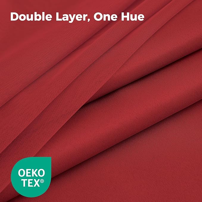 100% Blackout Curtains for Bedroom, Double Layer Red Curtains, Black Out Curtain 63 inch Long with Sheer Overlay for Living Room, Room Darkening Window Drapes with Grommet, 52" W x 63" L