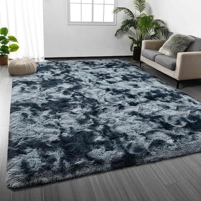 Large Shag Area Rugs 5 x 8, Tie-Dyed Plush Fuzzy Rugs for Living Room, Ultra Soft Fluffy Furry Rug for Bedroom, Indoor Carpet Nursery Rugs for Kids Room Home Decor, Blue and Grey