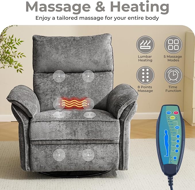 Oversized Power Recliner Chair Swivel Glider with Massage and Heat, Rocker Nursery Recliner for Adults with Adjustable Headrest, 26" Extra Wide Nursery Chair with Overstuffed Armrest, Dark Grey