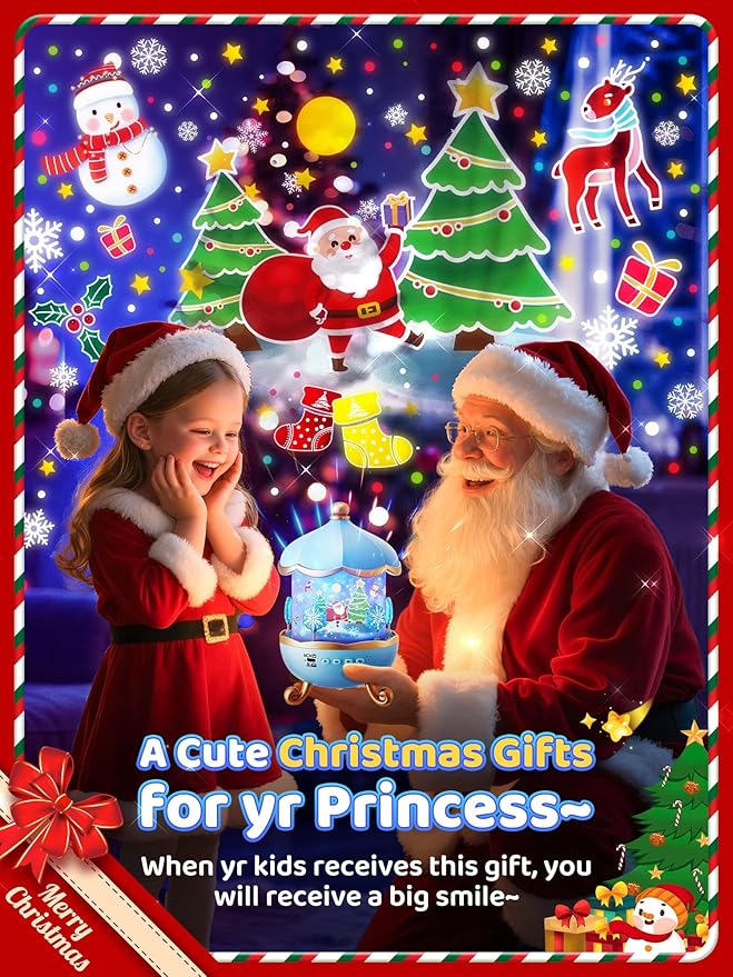 Snow Night Light for Kids, 15 White Noise+16 Films+336 Colors Star Projector for Kids, 360°+Remote+Cordless Baby Night Light Projector, Princess Toys for Girls Room Decor Light Up Christmas Decor