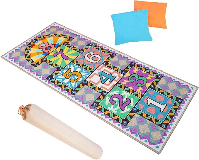 Kids Colorful Educational Hopscotch Game Rug, Numbers 1-8 Pattern, Geometric Border Design, Rectangular Floor Mat for Playroom