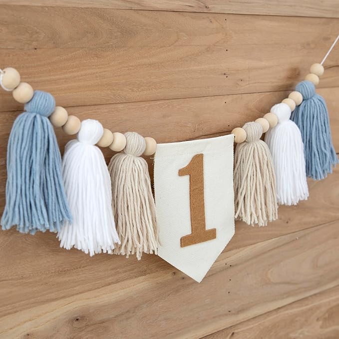Boho Blue Handmade 1st Birthday High Chair Banner First Highchair Banner For Baby Boys Wild One Wall Hangings Wood Bead Tassel Garland 1 Birthday Party Decorations Photoshoot Props Photo Props