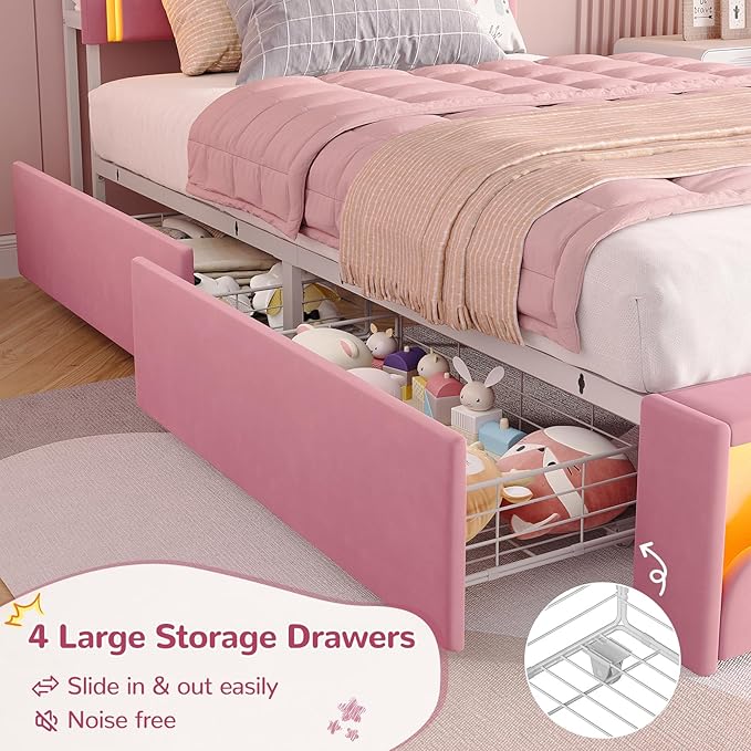 Maupvit Twin LED Bed Frame with Storage Headboard and 4 Drawers, Upholstered Platform Bed Frame with Bookcase, Velvet Princess Bed for Kids Girls, Charging Station, No Box Spring Needed, Pink