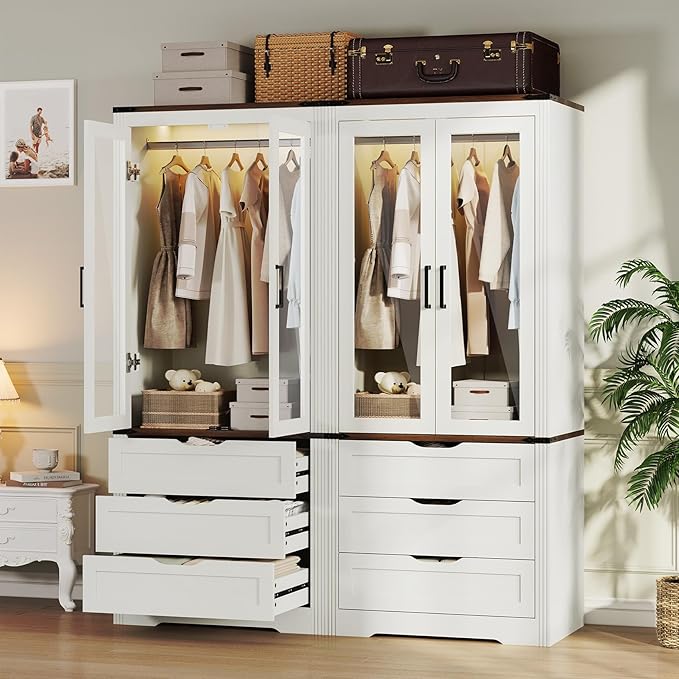 Concho 73'' Tall Farmhouse Armoire Wardrobe Closet with LED Light, Wood Wardrobe Closet with 2 Doors 3 Drawers, Freestanding Bedroom Armoire Clothing Storage Cabinet, Antique White