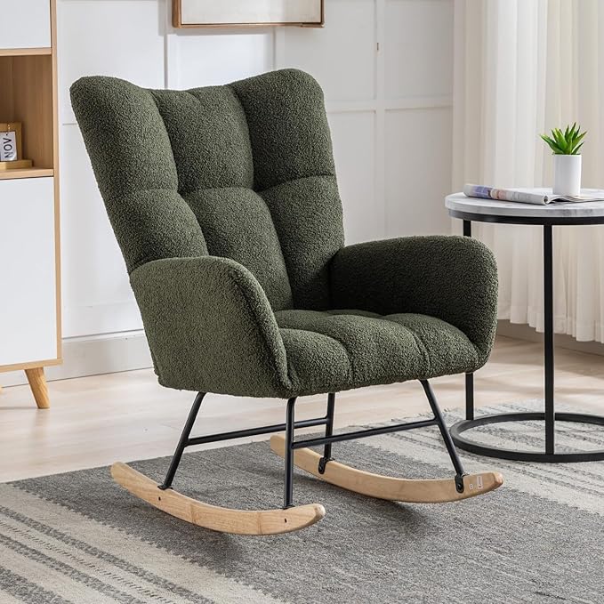 Nursery Rocking Chair Teddy Upholstered Glider Rocker Rocking Accent Chair with High Backrest Armchair Comfy Side Pocket Chair for Living Room, Bedroom, Offices (Dark Green)