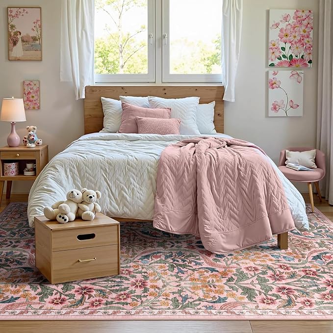 6x9 Washable Area Rug for Living Room, Floral Non-Slip Non-Shedding & Easy Care, Soft Low Pile Botanical Indoor Floor Carpet for Living Room, Bedroom, Farmhouse, Dining Room, Kids Playroom, Pink