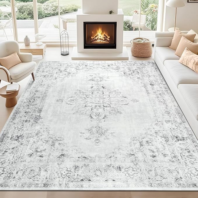Area Rug 5x7, Washable Rug for Living Room, Large Area Rugs for Bedroom, Vintage Rug 5x7 for Dining Room, Non Slip Soft Low Pile Indoor Carpet for Kitchen, Nursery, Office, Farmhouse, Light Grey