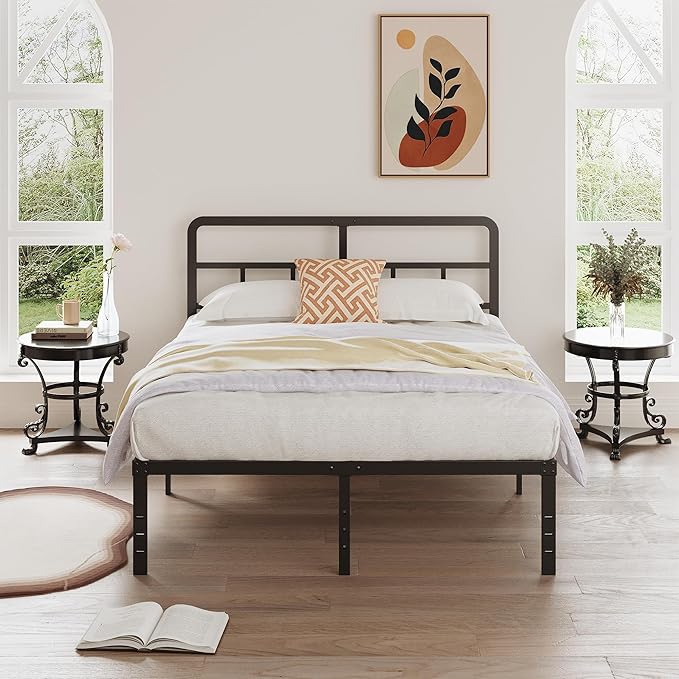 16 Inch Queen Bed Frame with Headboard No Box Spring Needed, Heavy Duty Metal Queen Size Platform with Steel Slat, Mattress Foundation, Easy Assembly, No Noise, Black