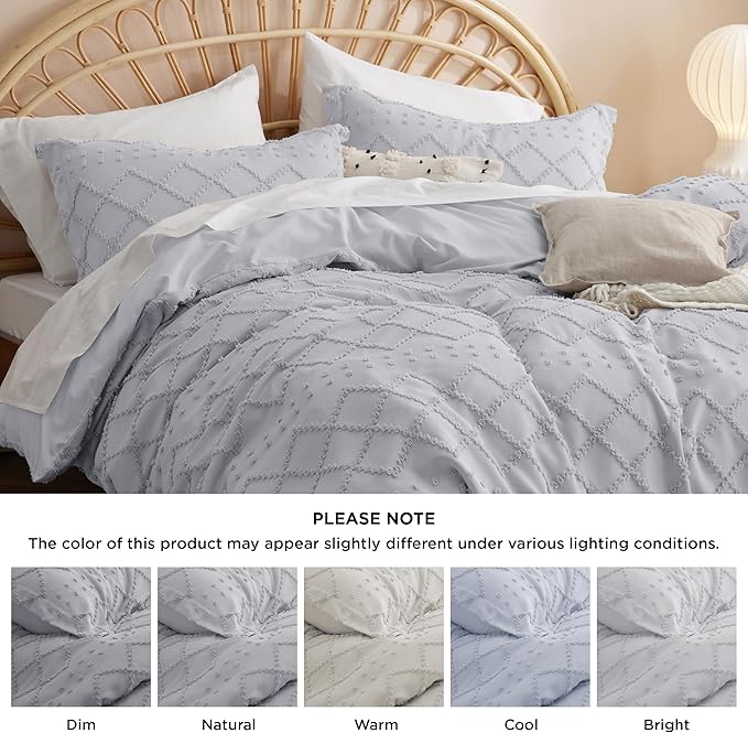 Bedsure Boho Duvet Cover Queen Size - Light Grey Breathable & Soft Boho Bedding, Machine Washable Comforter Cover for All Seasons, Includes 1 Duvet Cover 90"x90" with 2 Pillow Shams & Zipper Closure