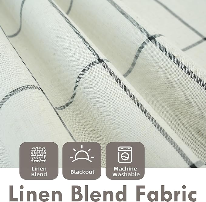 DriftAway 2 Panels 100% Blackout Windowpane Plaid Linen Curtains Double Layer Drapes for Bedroom 90 Inches Long Farmhouse Thermal Insulated 3.25 Inch Rod Pocket Back Tab for Living Room Black