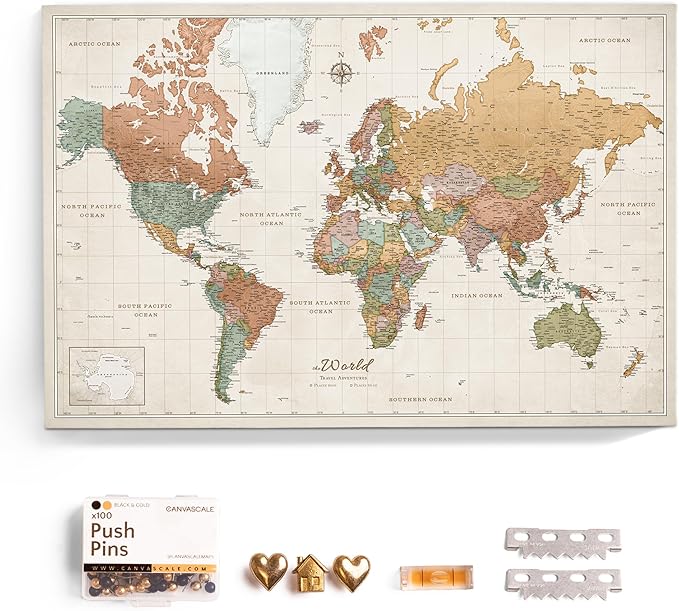 Canvas World Map with Cork Pin Board - English Lettering - Decorative Wall Decoration for All Rooms - Canvas Pictures with World Map Motif (150x100 cm, Pattern 22)